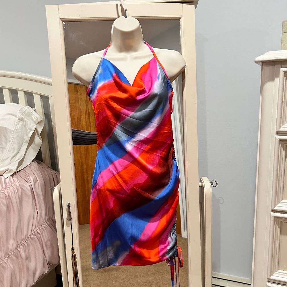 SHEIN SXY Brush Stroke Print Tie Back Drawstring Satin Halter Dress